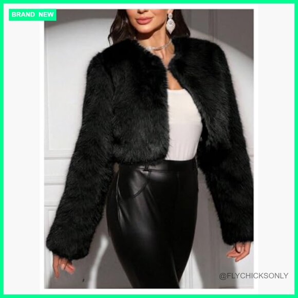 Faux Fur Cropped Jacket Open Front Long Sleeve Fuzzy Outerwear - Picture 5 of 5